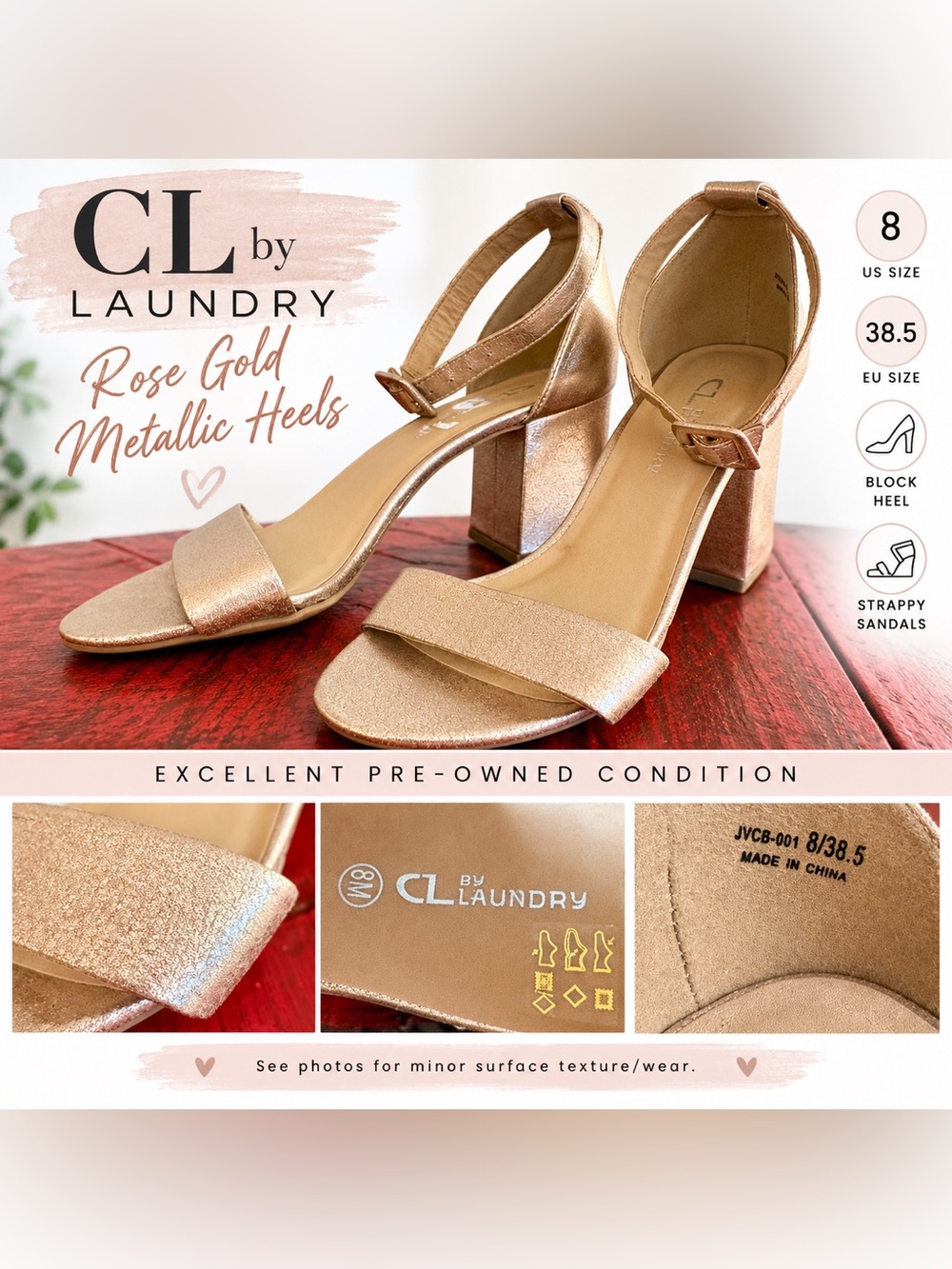 CL by Laundry Rose Gold Metallic Block Heel Sandals